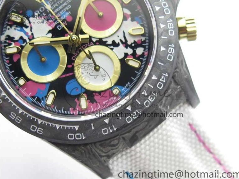 0413 ComfortFit Daytona DIW Carbon OMF Best Edition Blue Pink White Dial on White Nylon Strap A 2833